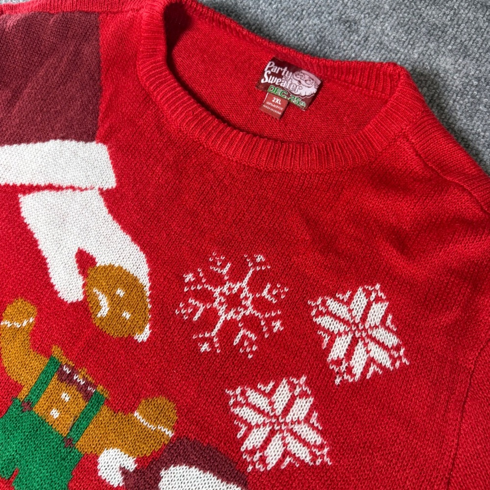 Party Sweater Gingerbread‎ Man Ugly Christmas Sweater Red 2XL Holiday Festive